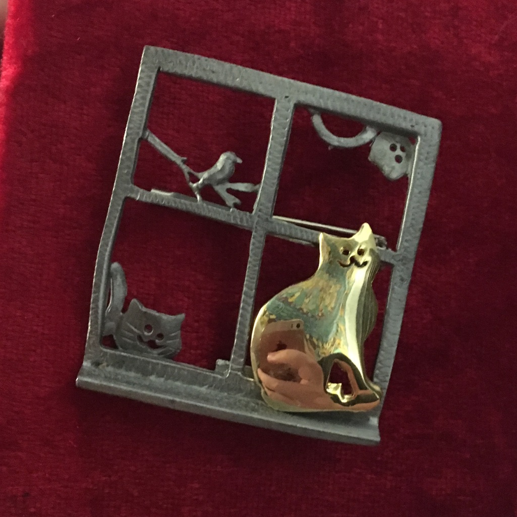 Vintage Cat In Window Brooch With Bird
